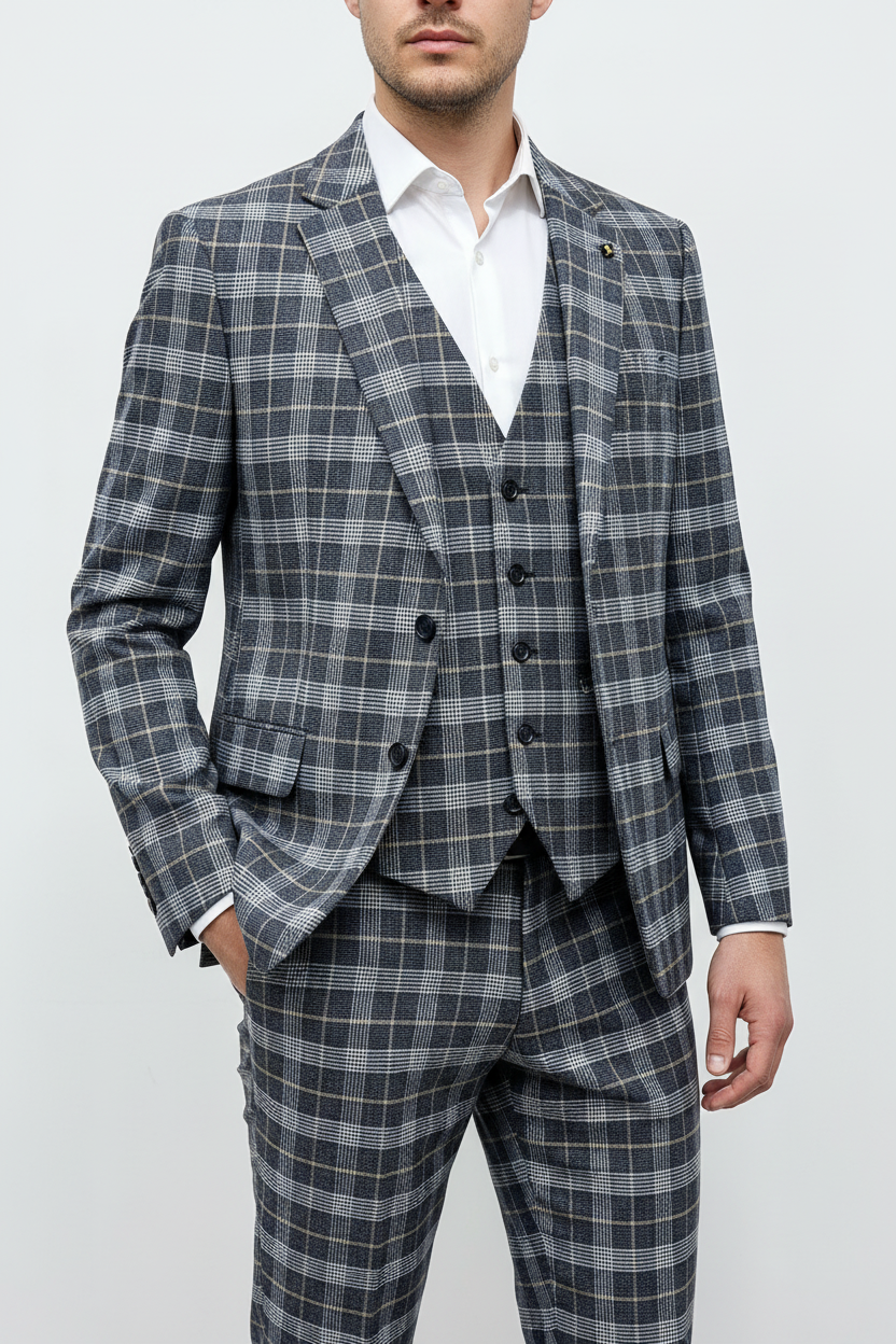 The Grigio Geruit Driedelig Pak Navy