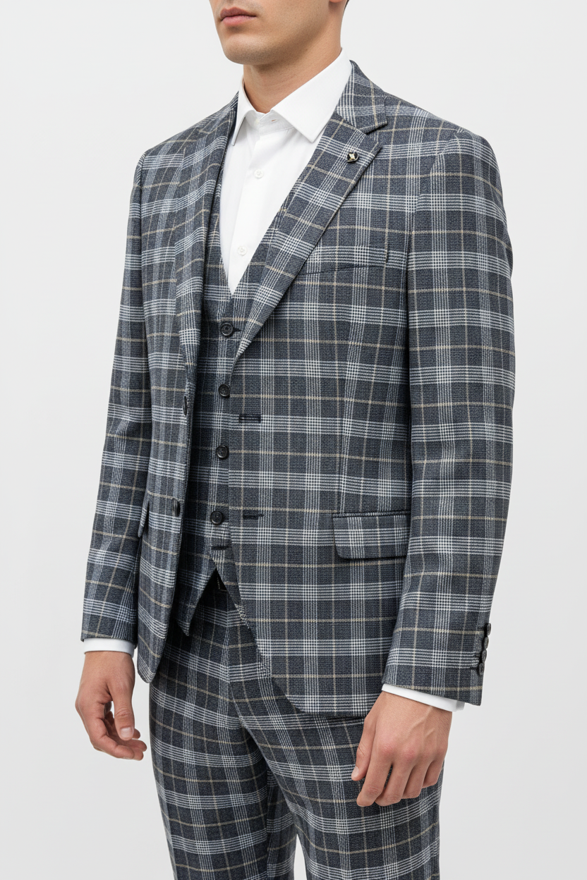 The Grigio Geruit Driedelig Pak Navy