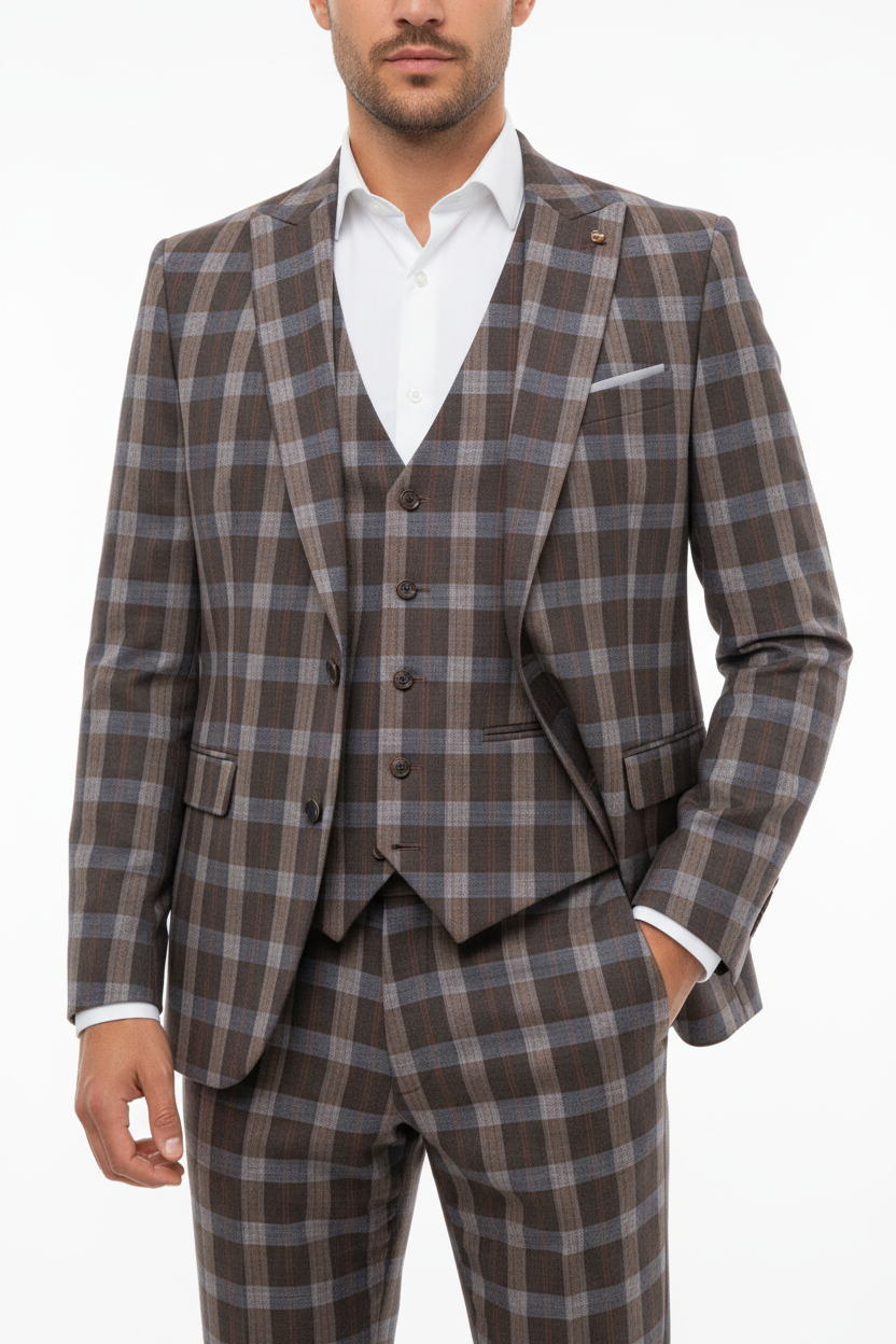 The Florence Three-piece Check Suit Brown