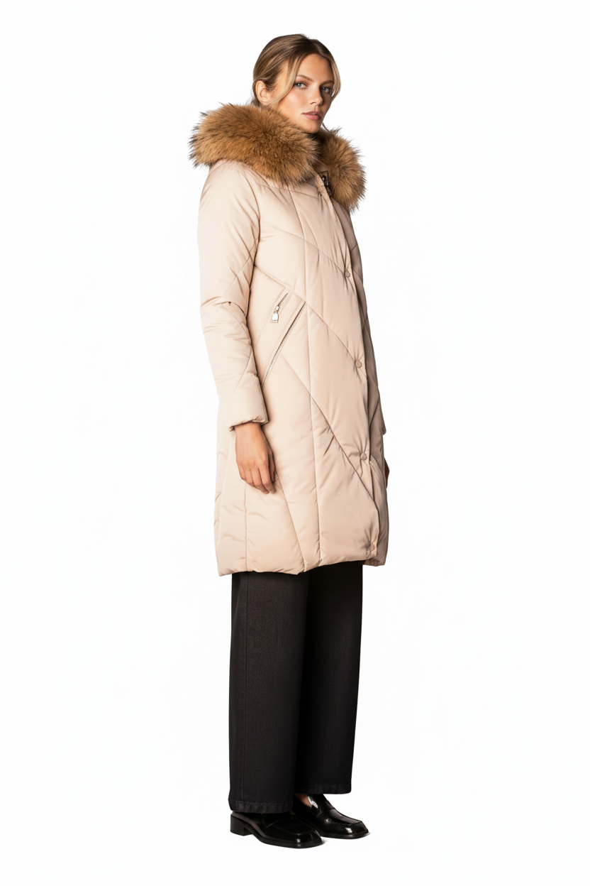 Bianca gewatteerde winterjas dames beige - achteraanzicht diagonale quilting