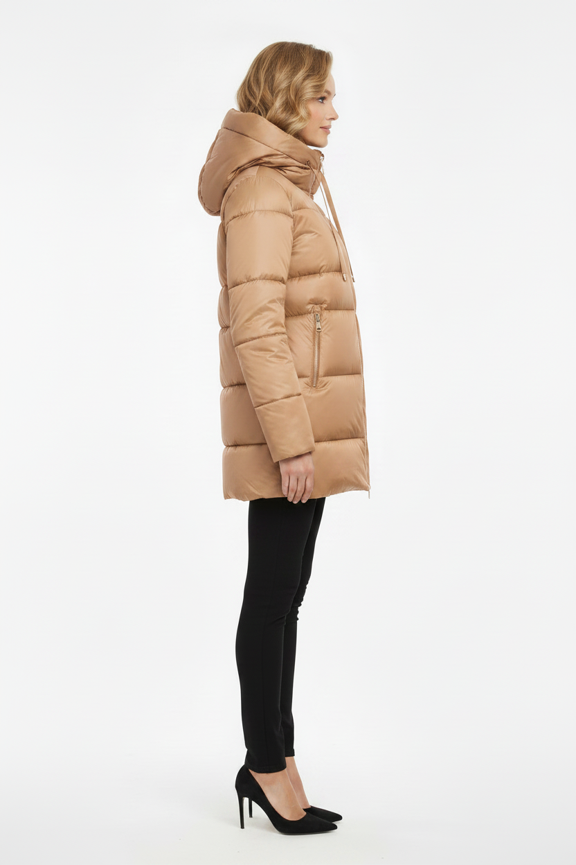 Lucia glanzende winterjas dames beige - vooraanzicht gouden details