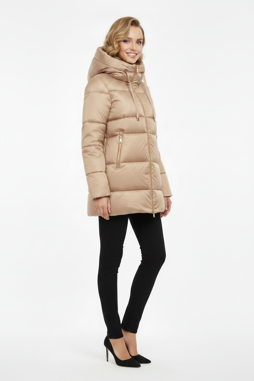 Lucia glanzende winterjas dames beige - three-quarter angle gouden ritsen