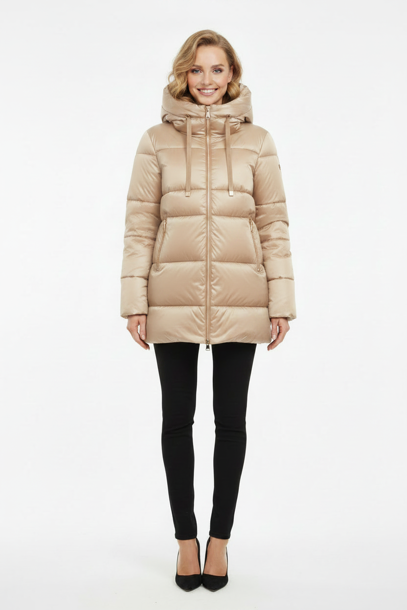 Lucia glanzende winterjas dames caramel beige - zijprofiel A-lijn silhouet