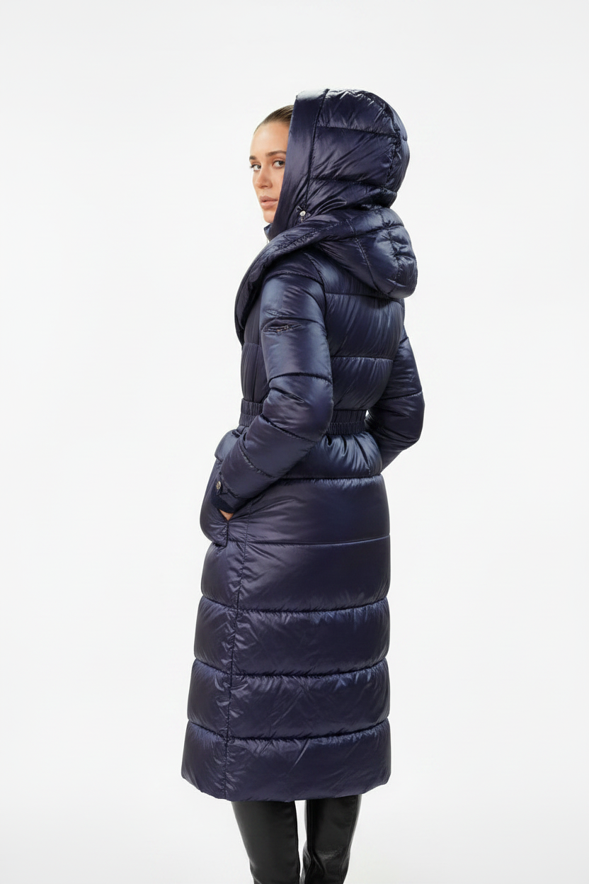 Milena glanzende navy winterjas dames - zijprofiel afneembare capuchon
