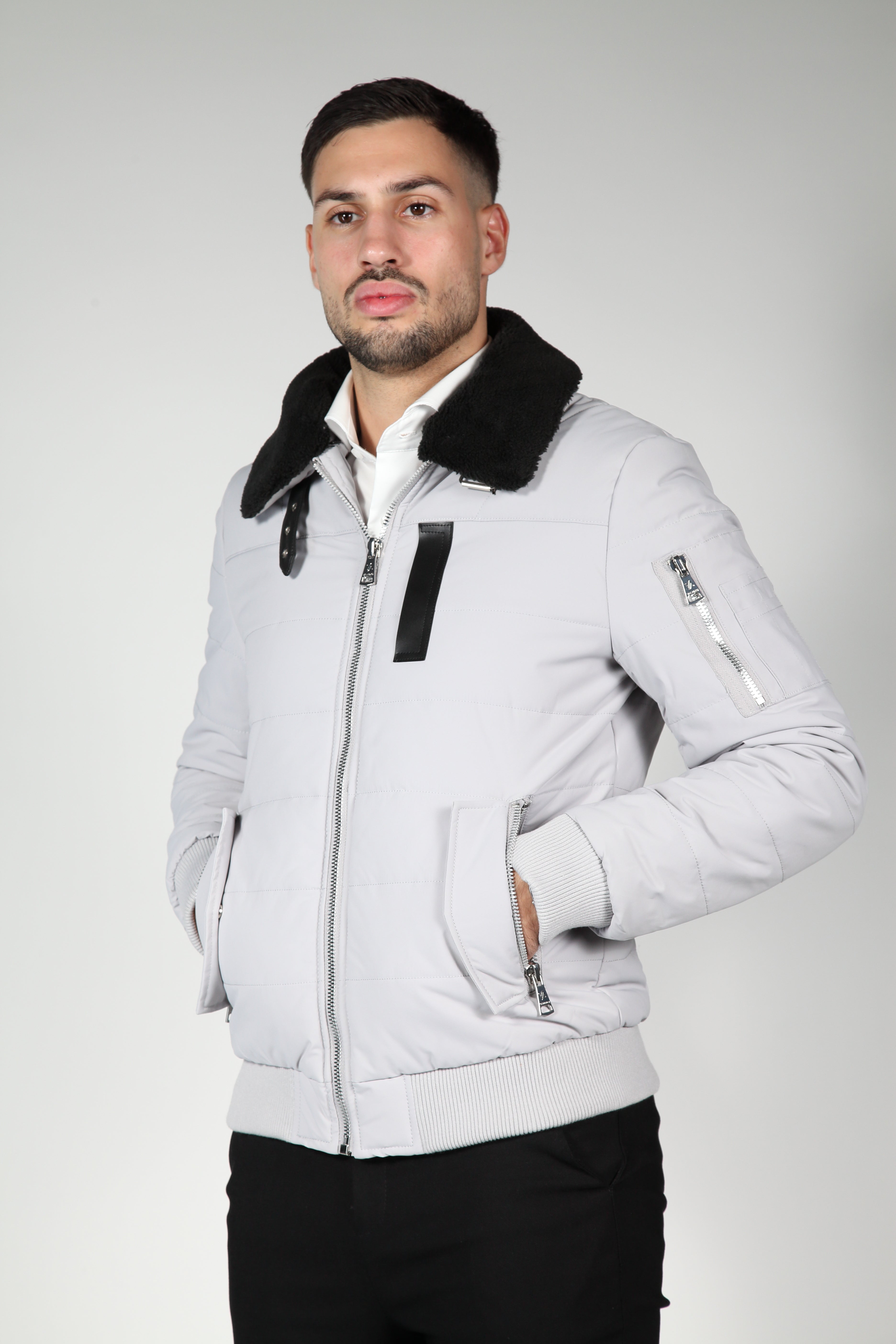Grey Bomber Jacket with Black Collar