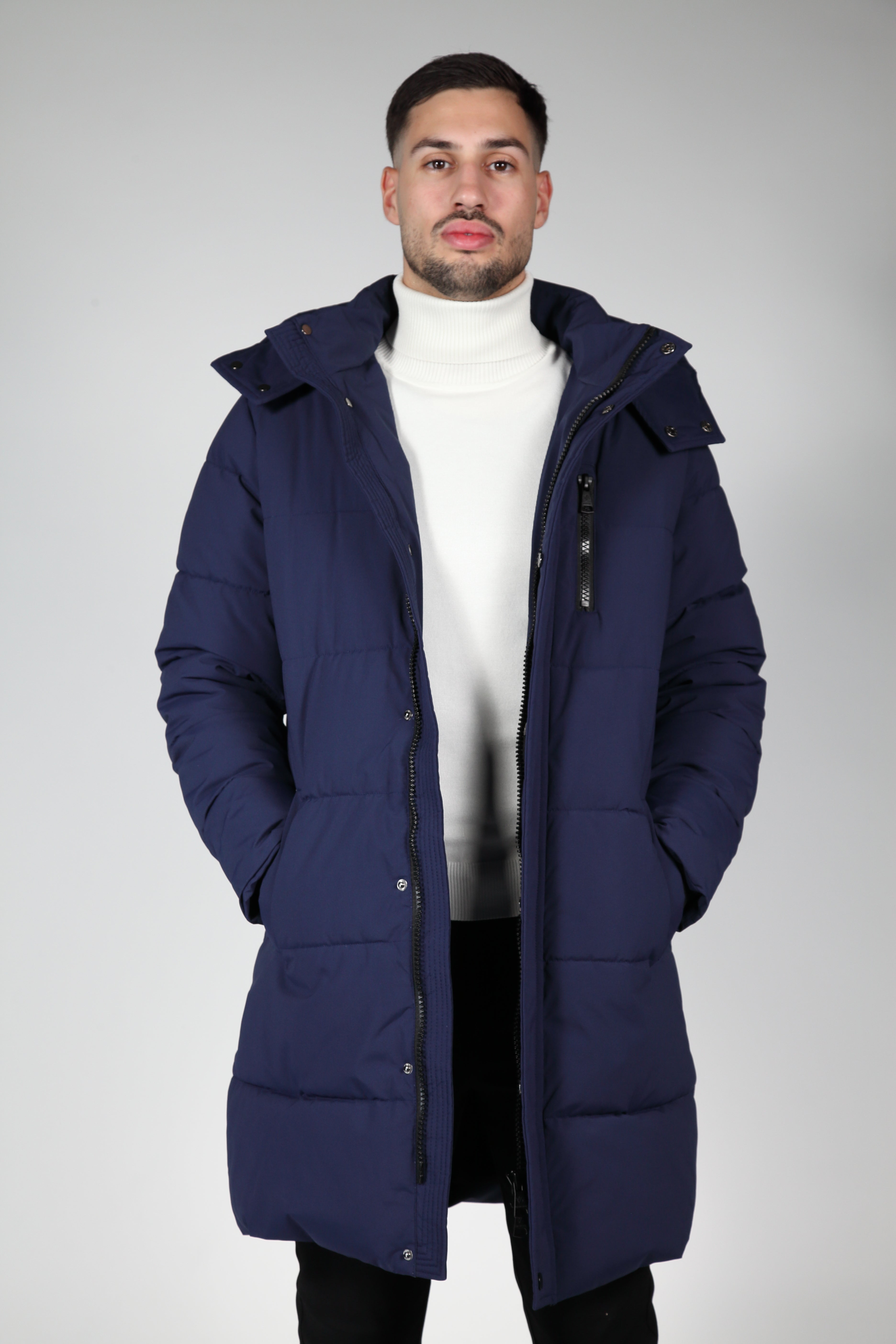 Giacca blu puffer con cappuccio