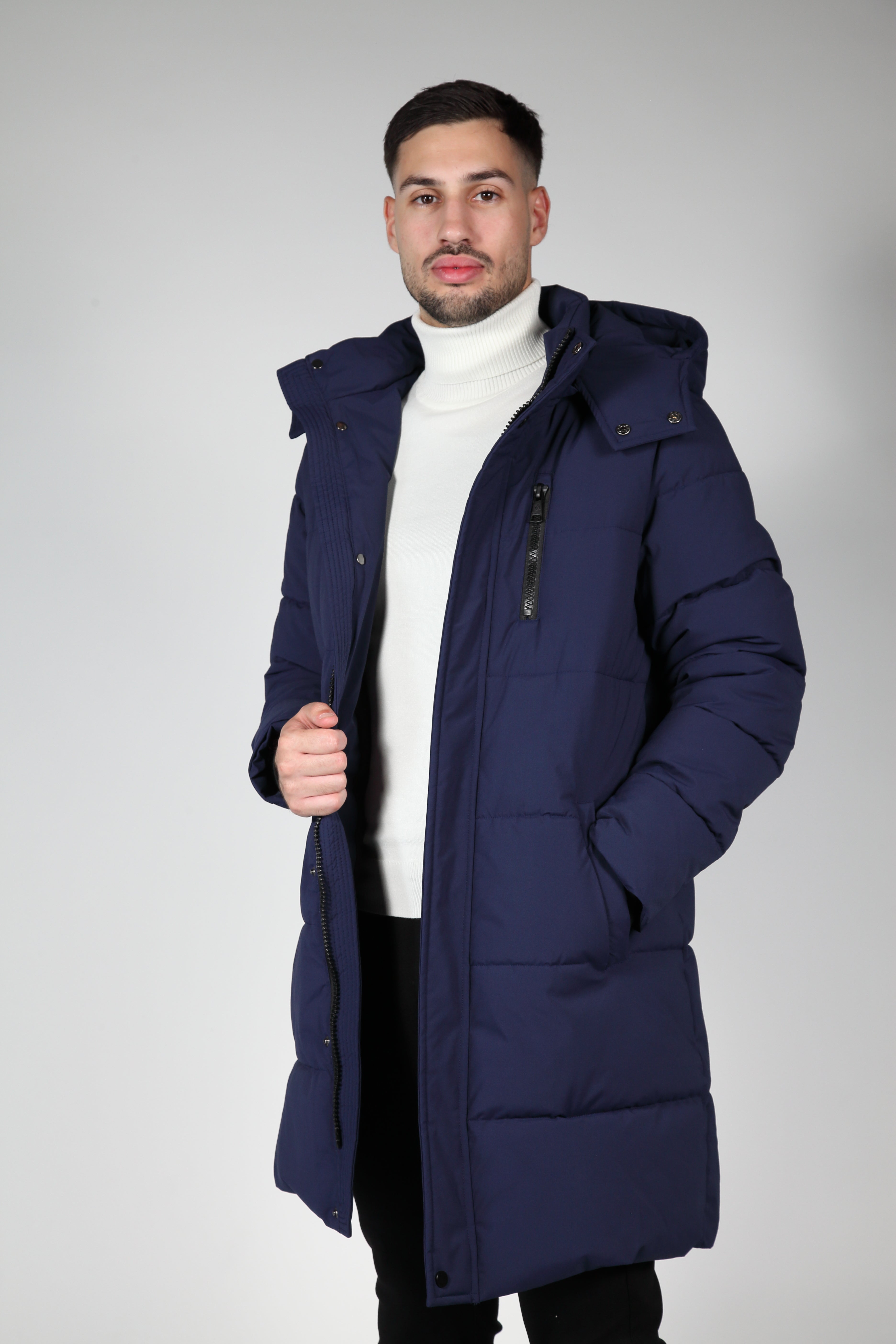 Giacca blu puffer con cappuccio