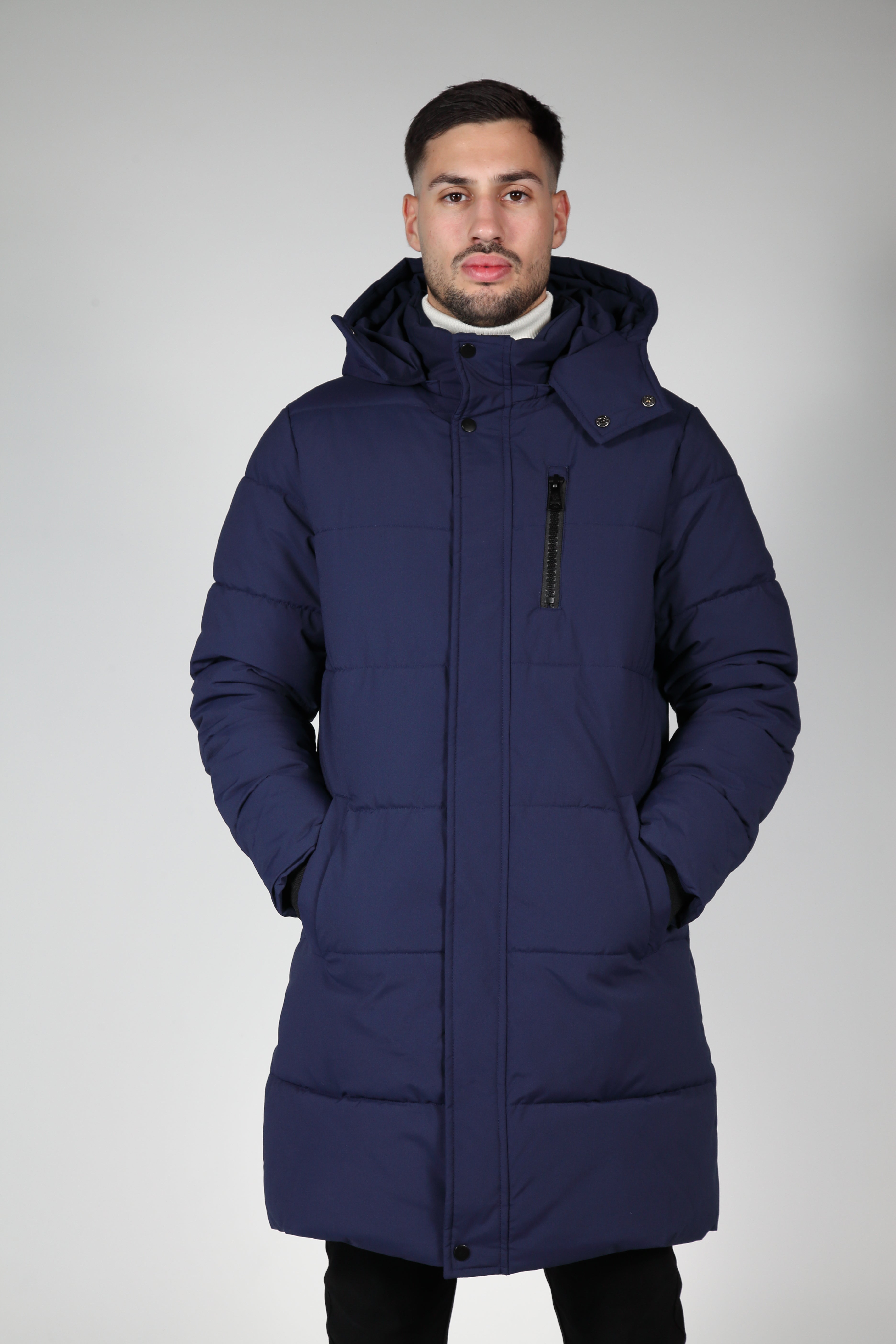 Giacca blu puffer con cappuccio