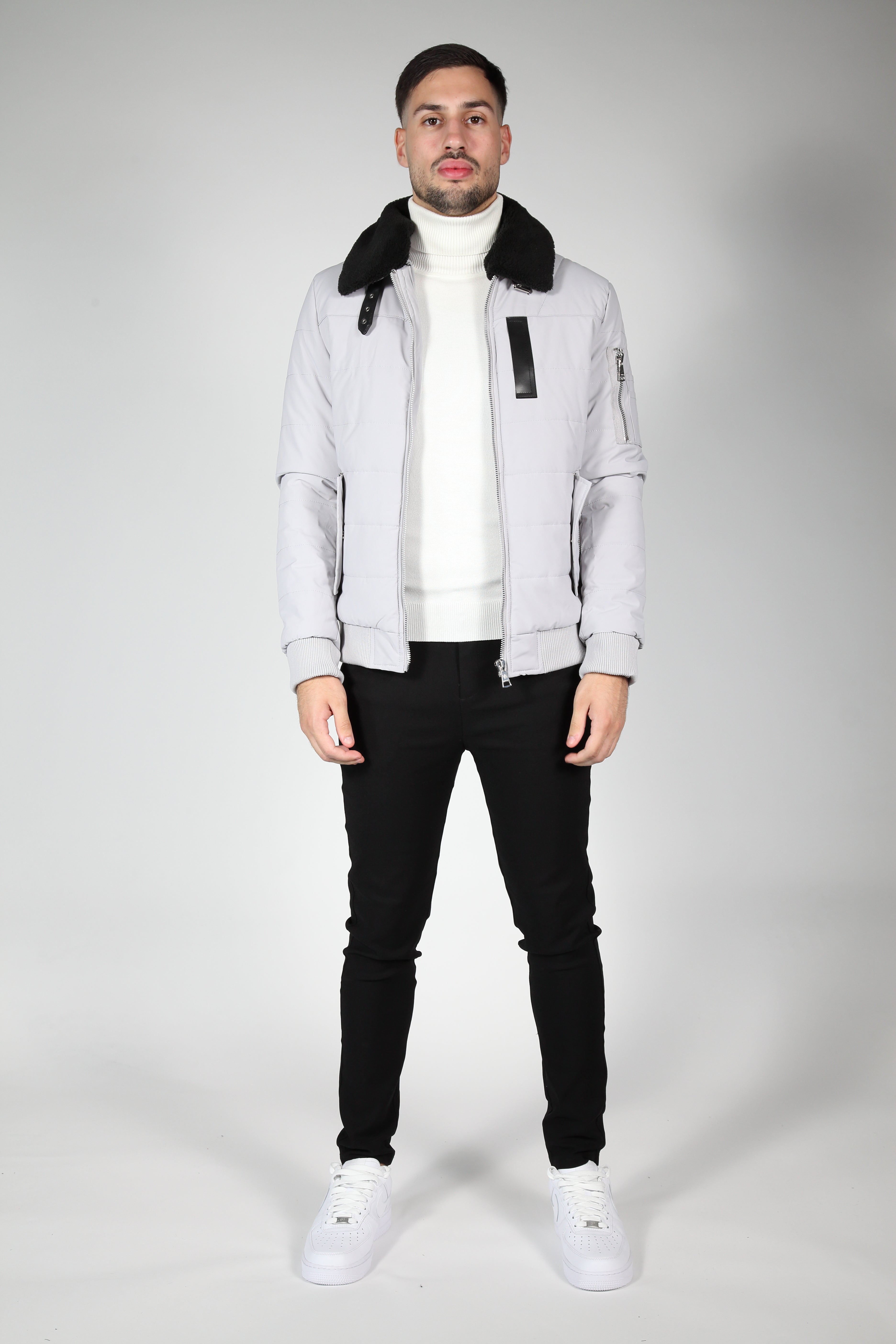 Grey Bomber Jacket with Black Collar