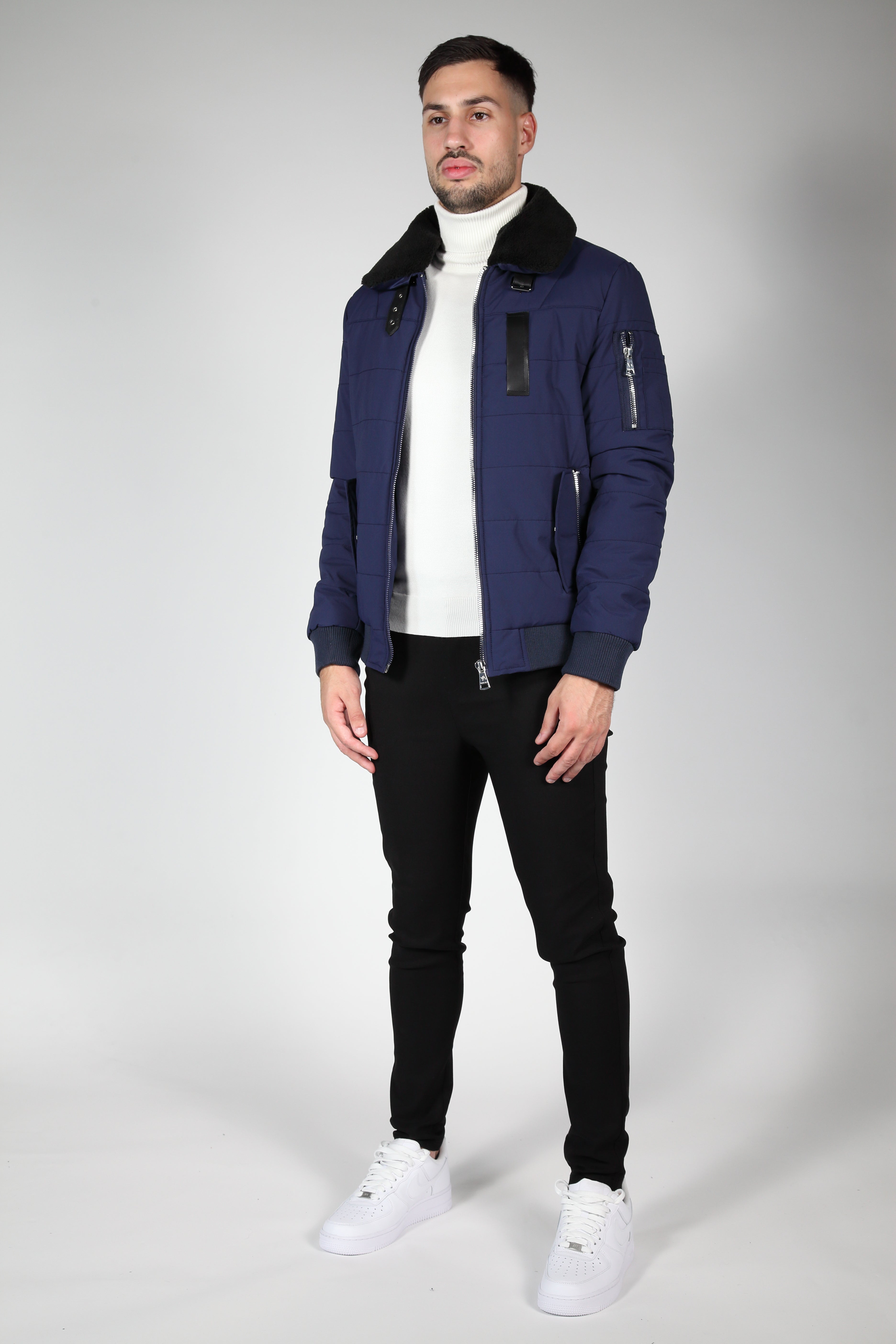 Blue Bomber Jacket with Black Collar