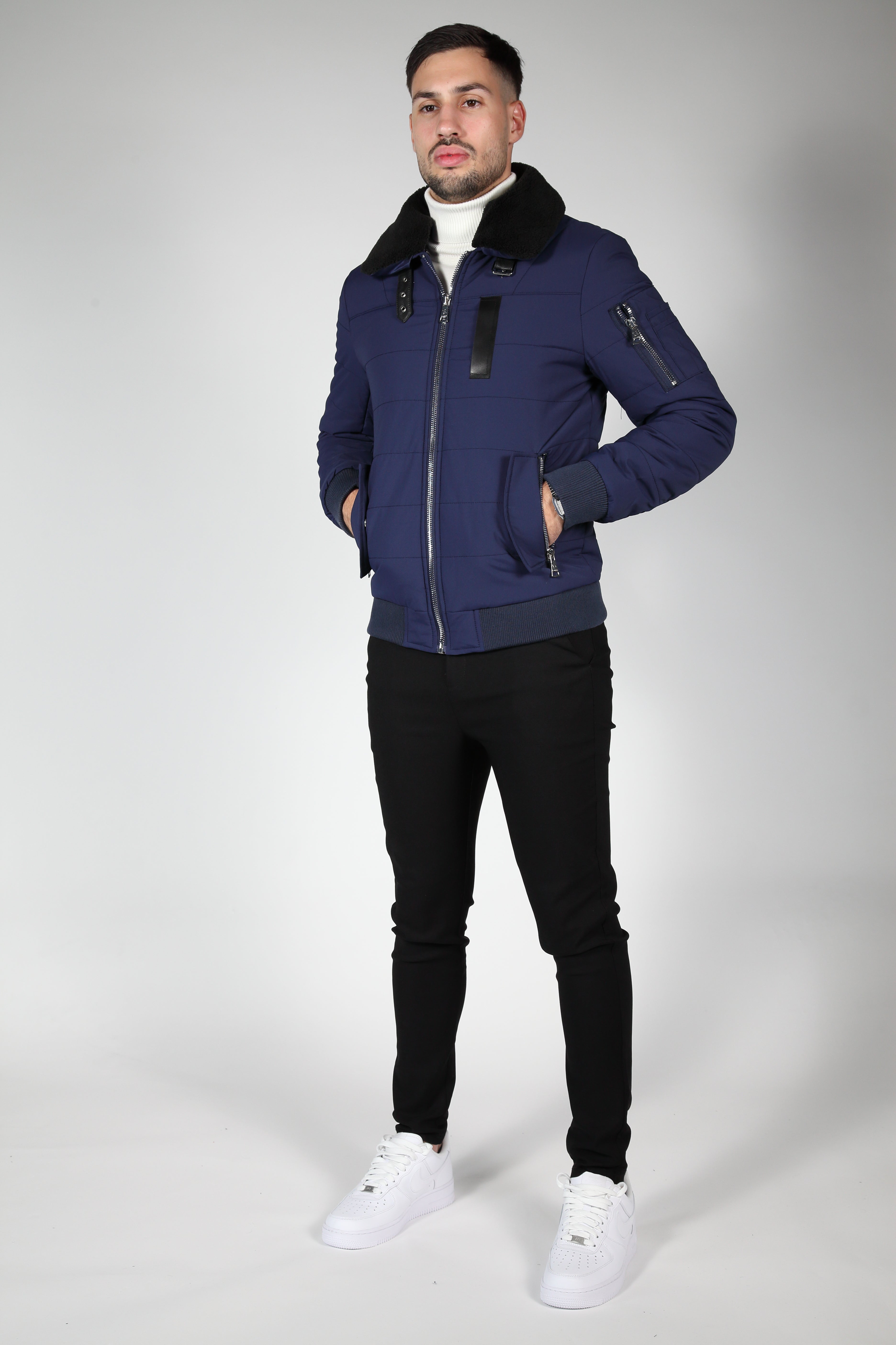 Blue Bomber Jacket with Black Collar