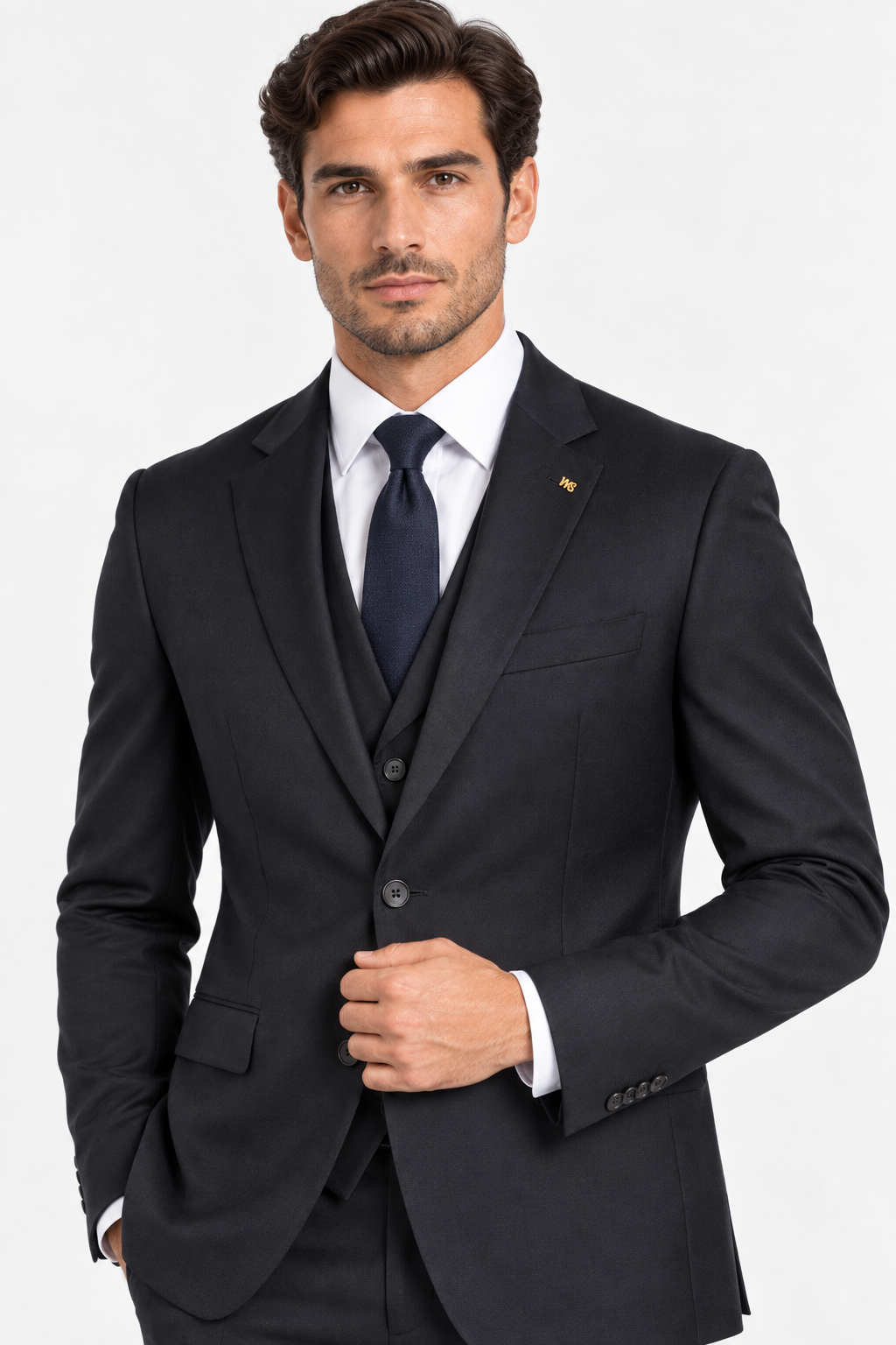 Milano navy three-piece men's suit slim fit front view