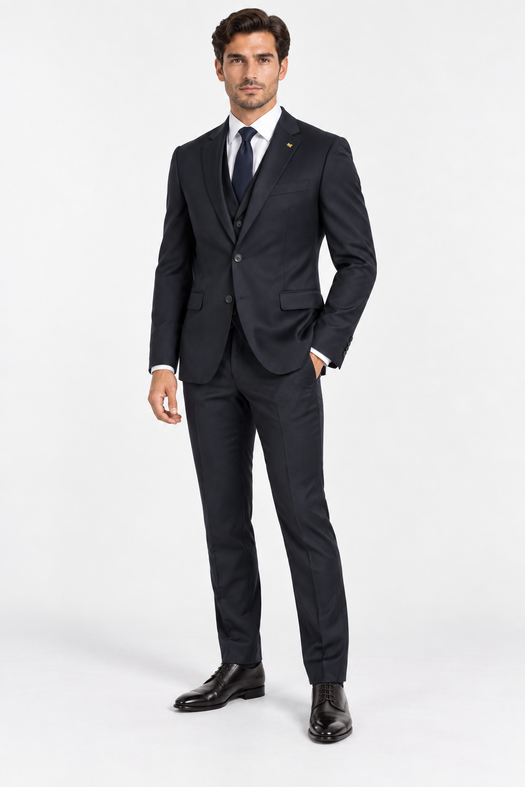 Milano navy three-piece suit slim fit men's suit close-up