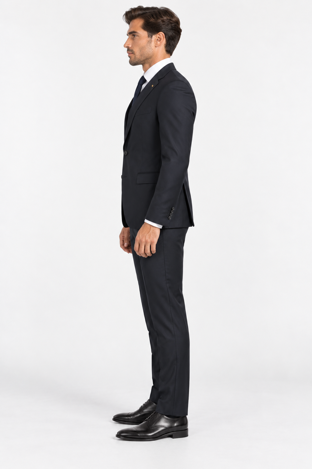 Milano navy three-piece suit slim fit men's suit three-quarter front