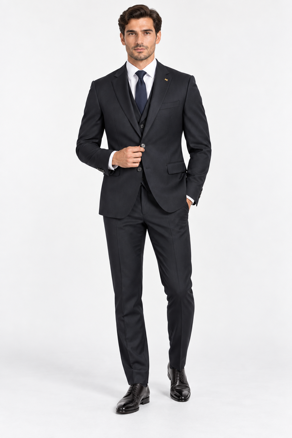 Milano navy three piece slim fit men's suit back view