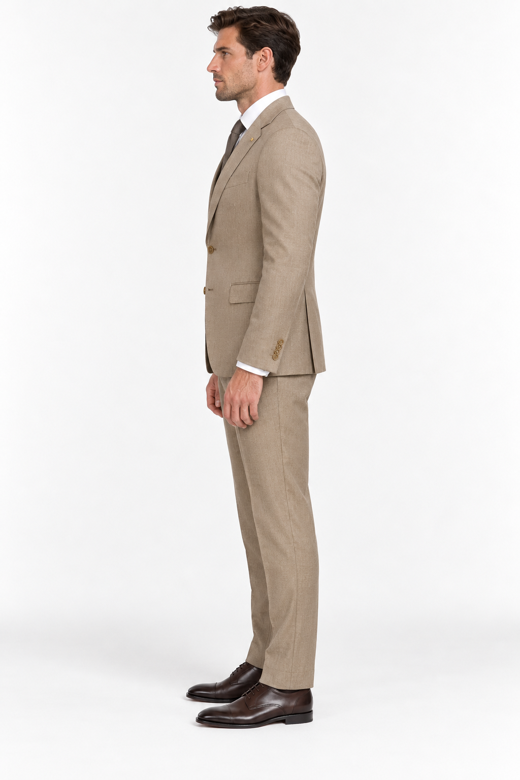 Monaco taupe three-piece slim fit men's suit three-quarter front view
