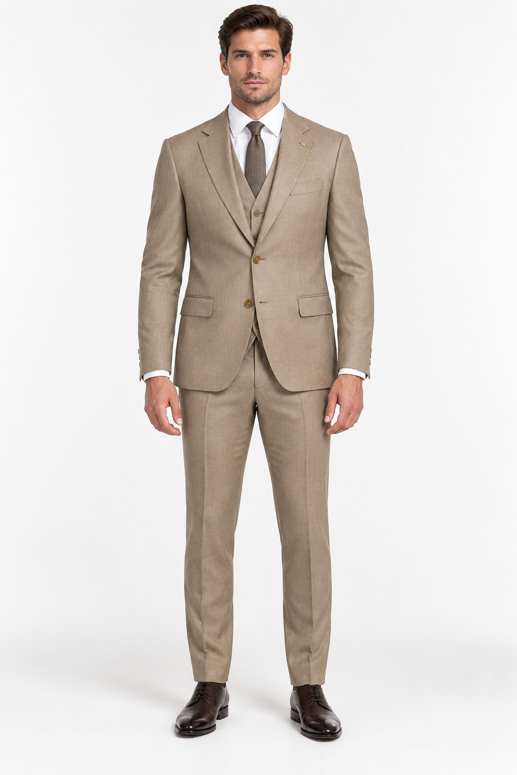 Monaco taupe three-piece men's suit with waistcoat walking pose