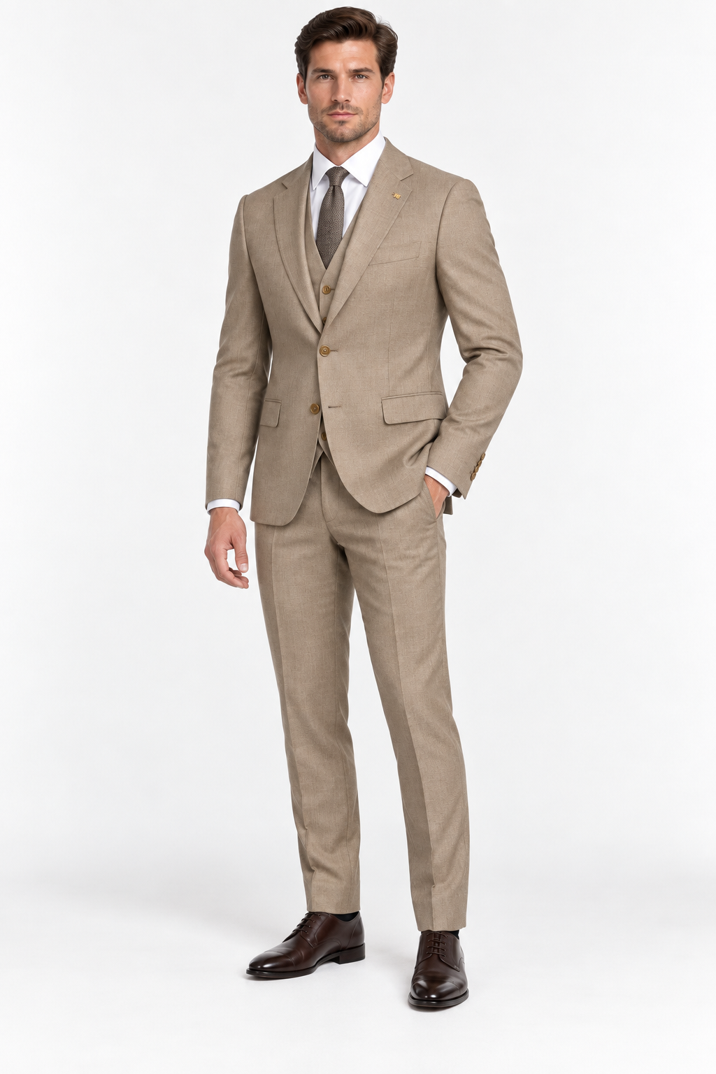Monaco taupe three piece slim fit men's suit back view