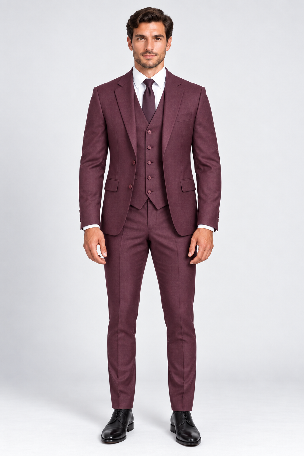 Portofino burgundy three piece suit slim fit men's suit side view right