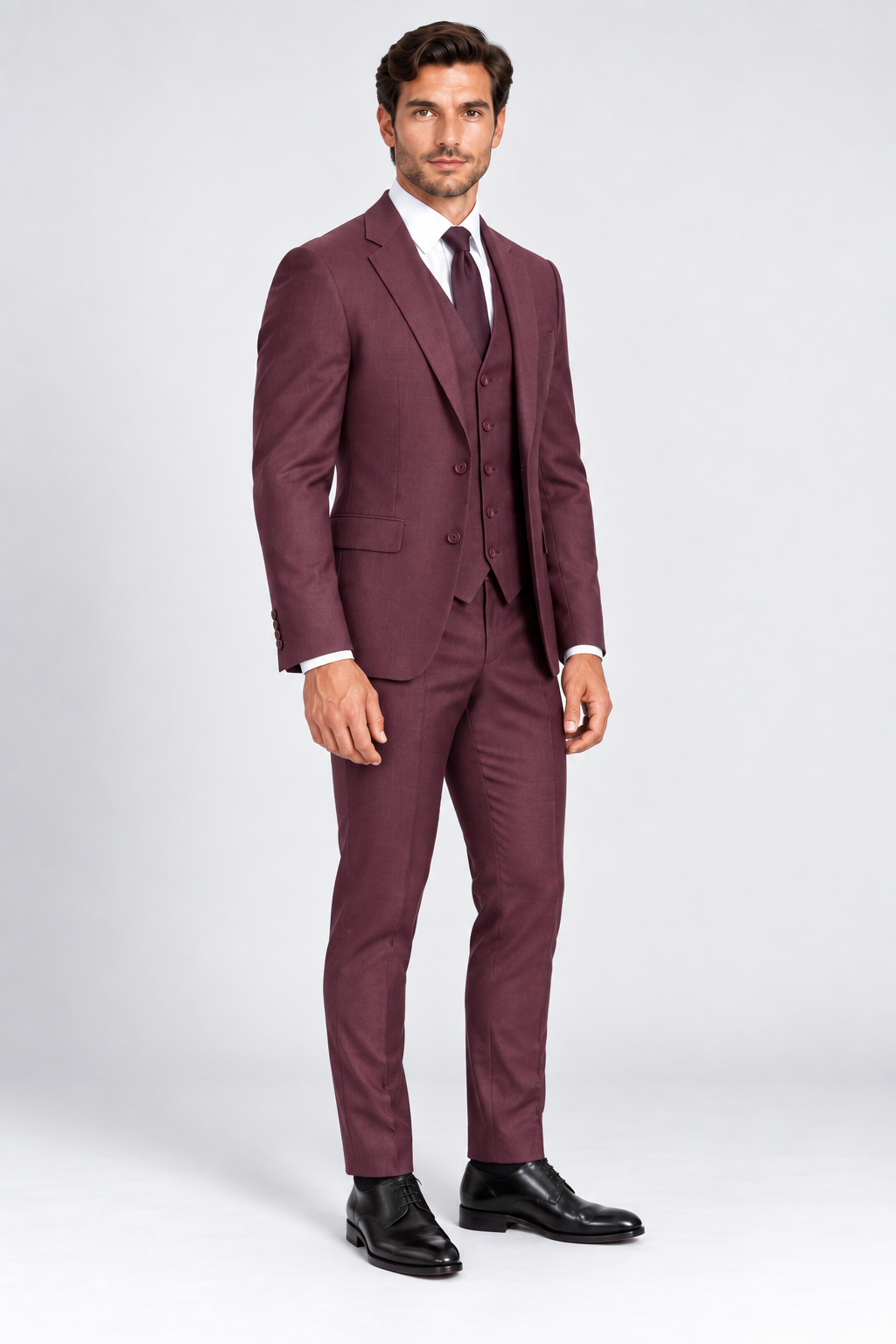 Portofino burgundy three-piece suit with waistcoat and trousers three-quarter front view