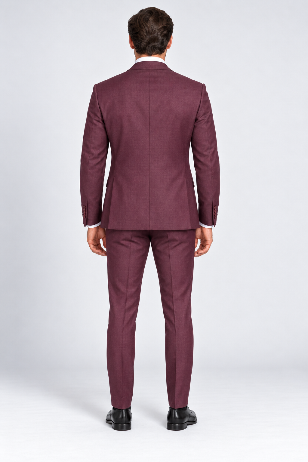 Portofino burgundy three-piece slim fit men's suit frontal with waistcoat