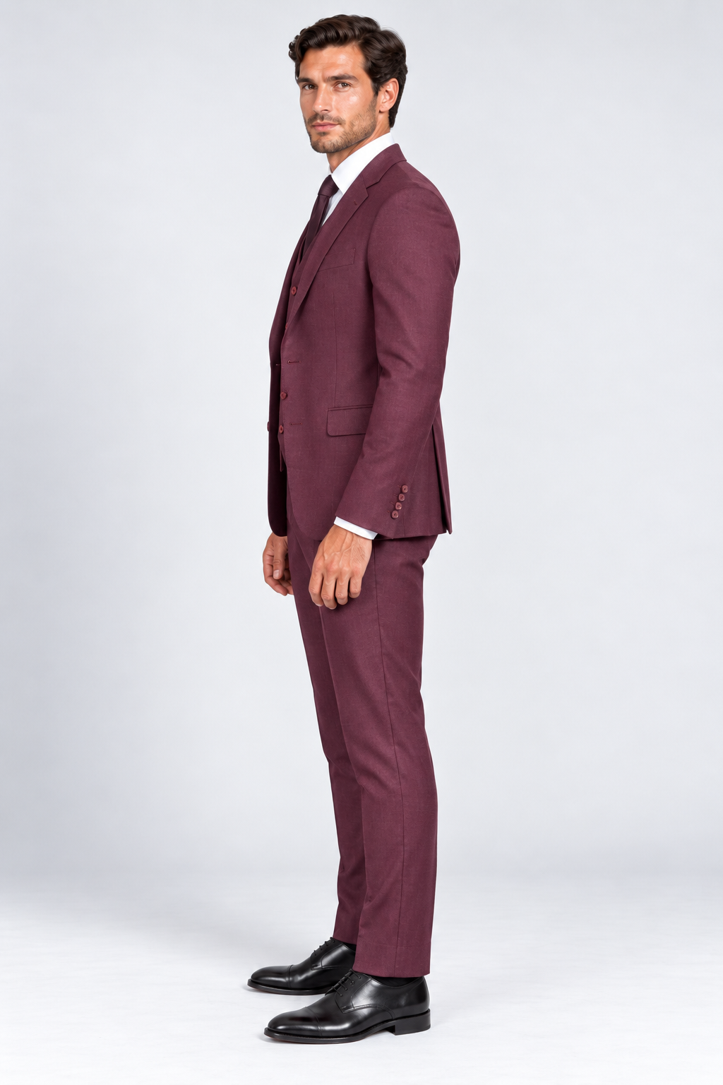 Portofino burgundy three piece suit slim fit back view
