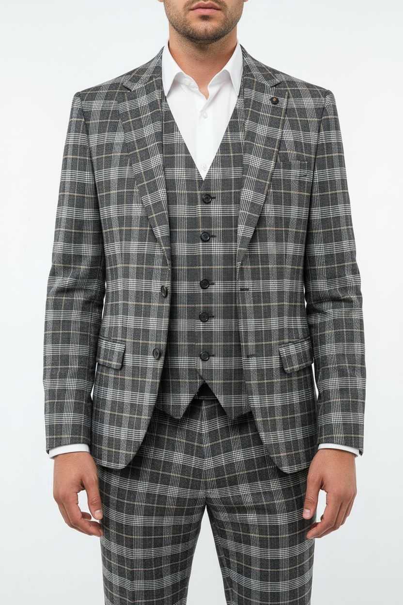 The Grigio Geruit Driedelig Pak Grijs