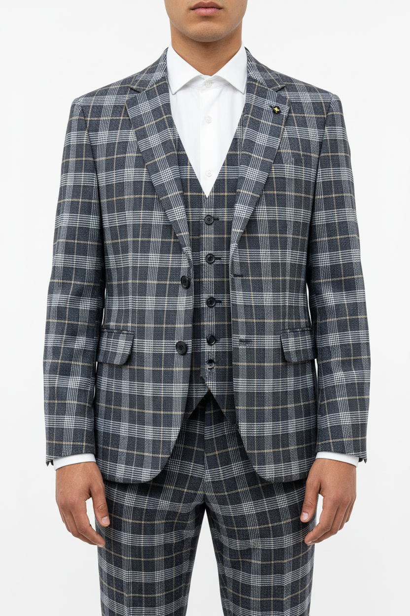 The Grigio Geruit Driedelig Pak Navy