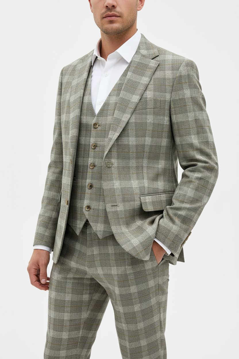 The Grigio Geruit Driedelig Pak Beige