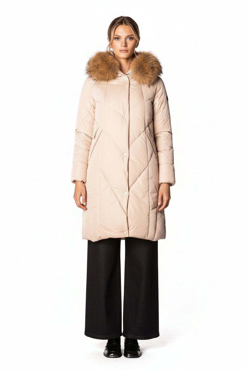 Bianca gewatteerde winterjas dames beige - zijkant met diagonaal quilting patroon