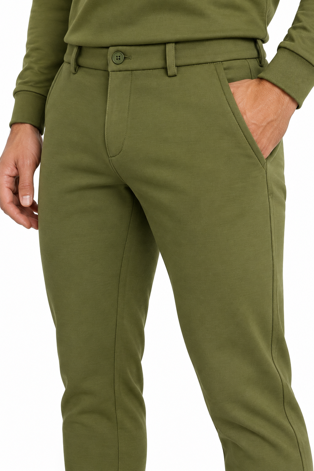 Detail van de army-green Montreux set met halfzip trui en chino