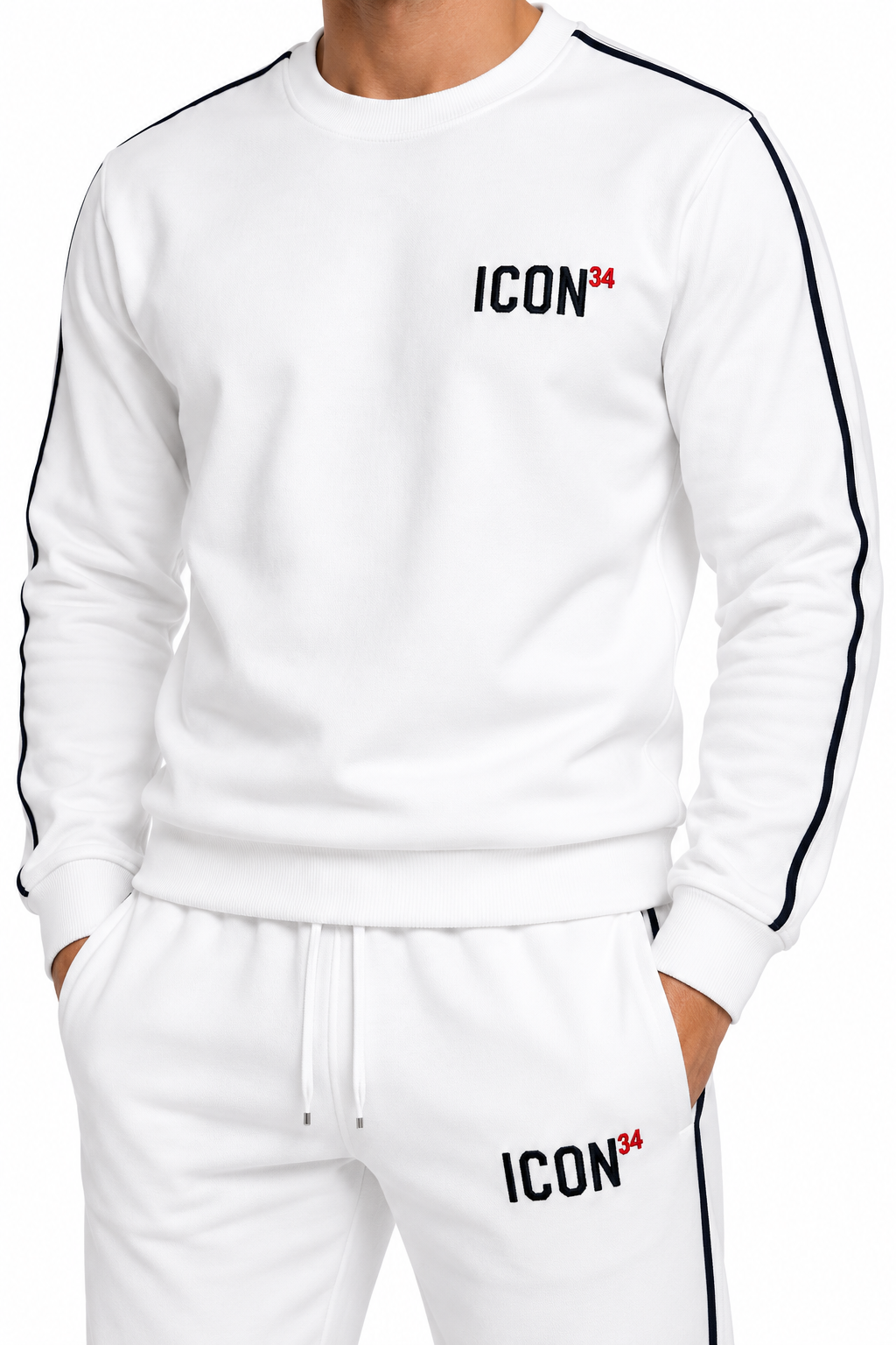 Detalle de los pantalones elásticos blancos regular fit del ICON Monza Track Set con cordón y logo ICON34