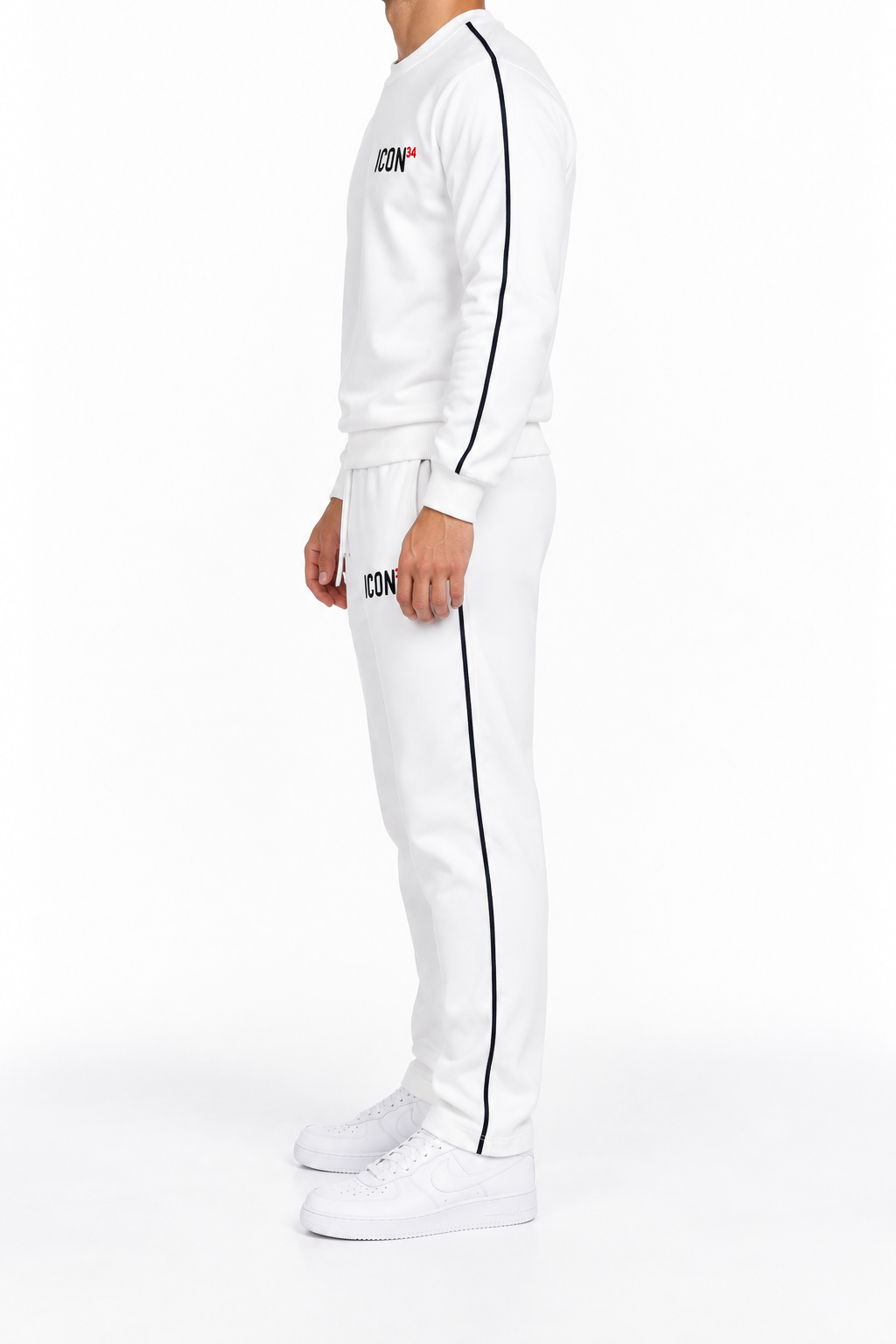 Chándal de hombre ICON Monza Track Set blanco confeccionado en 100% algodón con ribetes negros, vista lateral