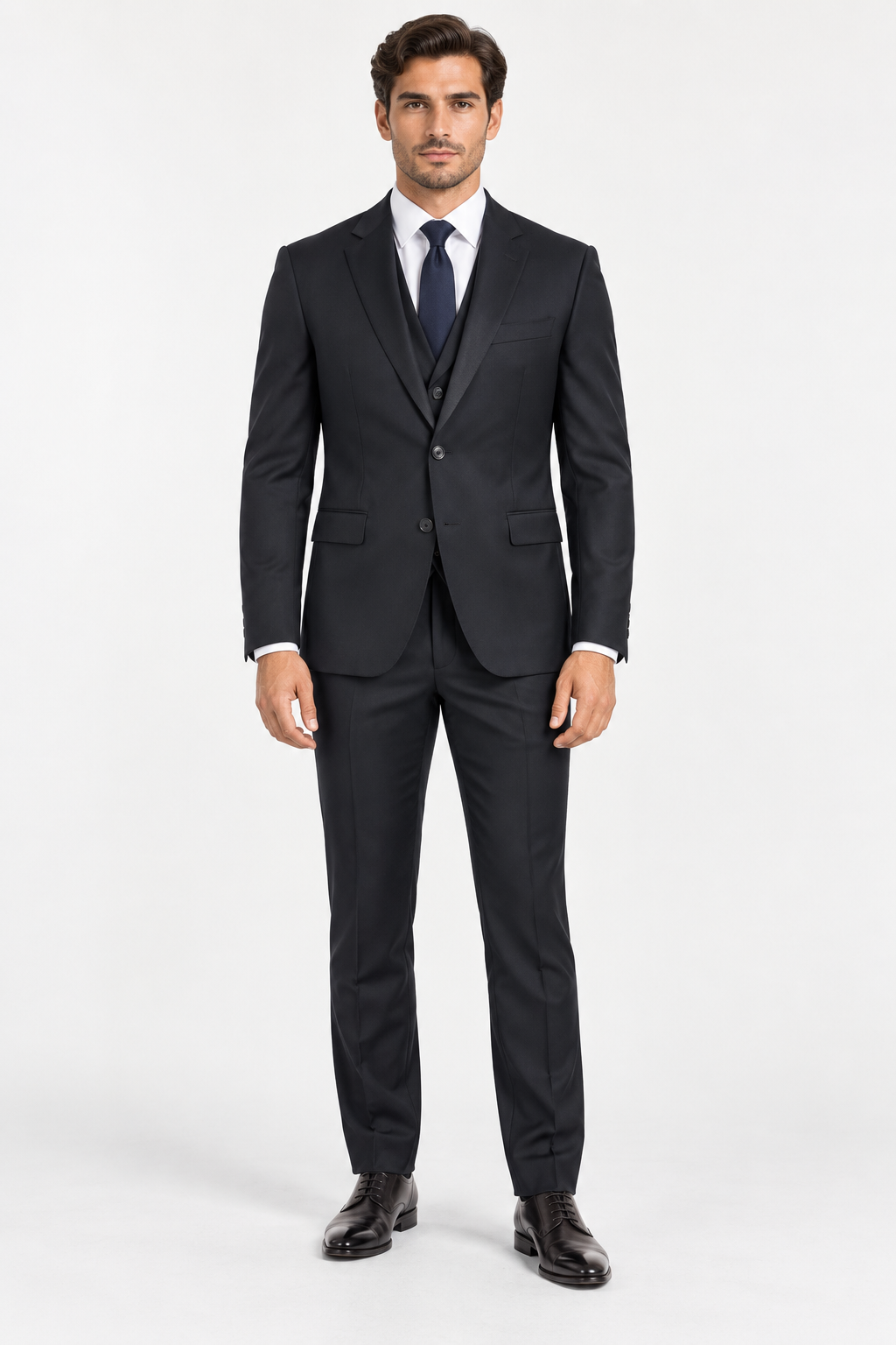 Milano navy three-piece men's suit with waistcoat three-quarter front view