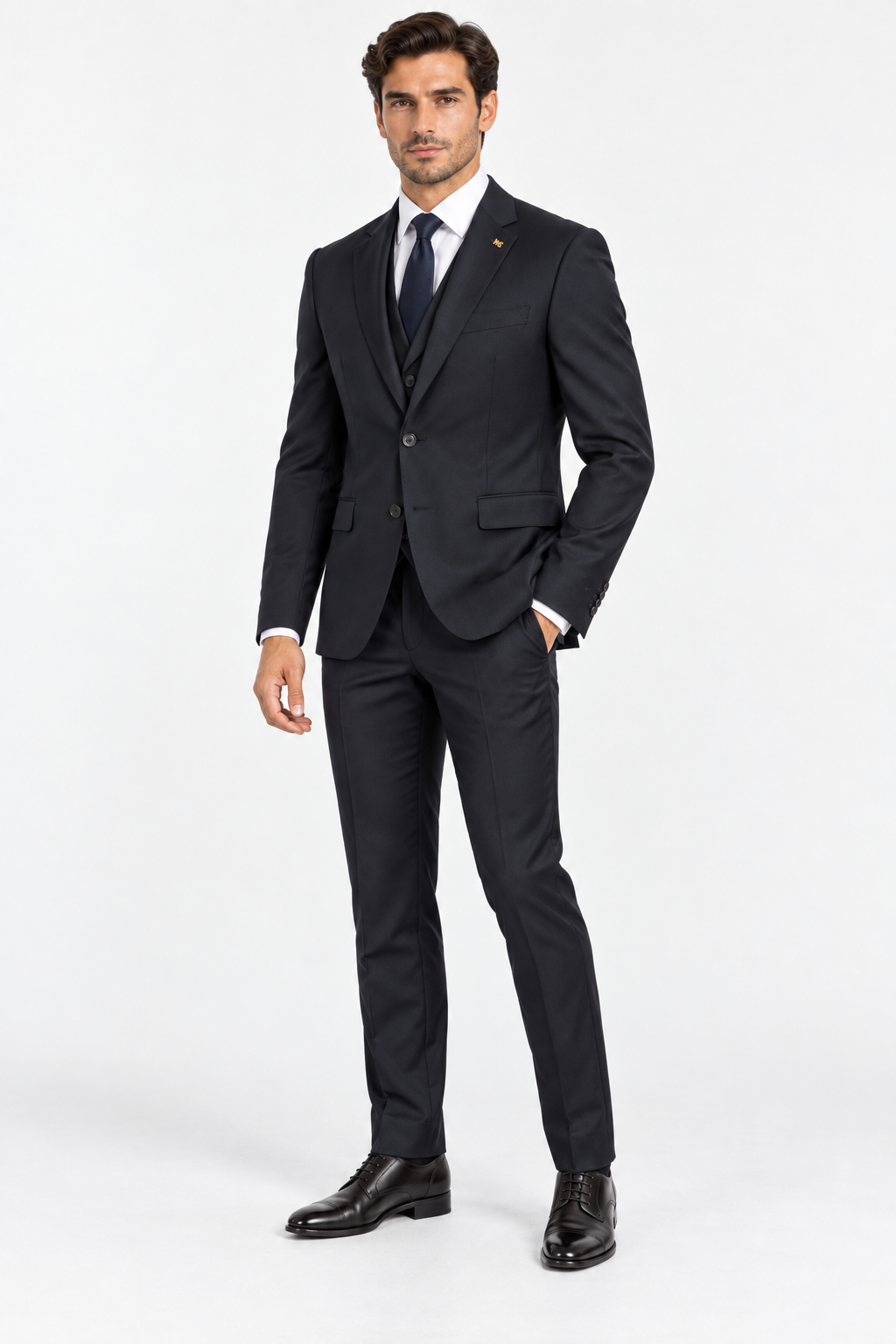 Milano navy three-piece slim fit men's suit frontal with jacket and waistcoat