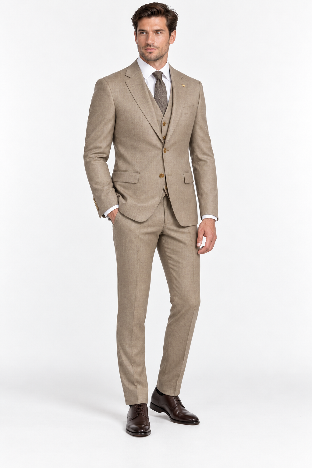 Monaco taupe three-piece slim fit men's suit frontal with waistcoat