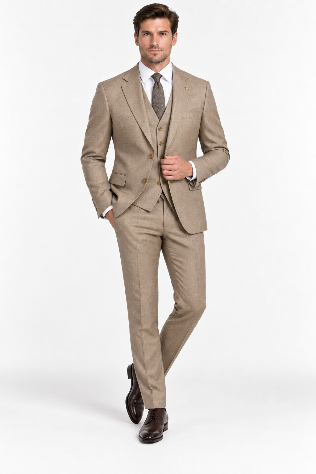 Monaco taupe three piece suit slim fit men's suit side view