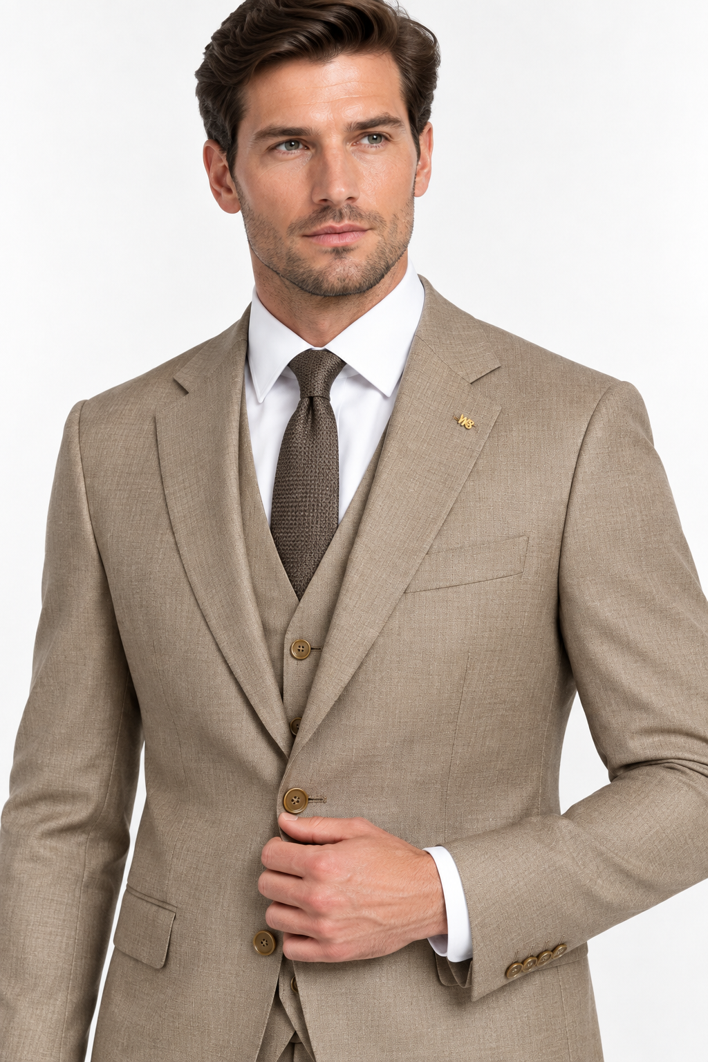 Monaco taupe three-piece suit slim fit men's suit close-up