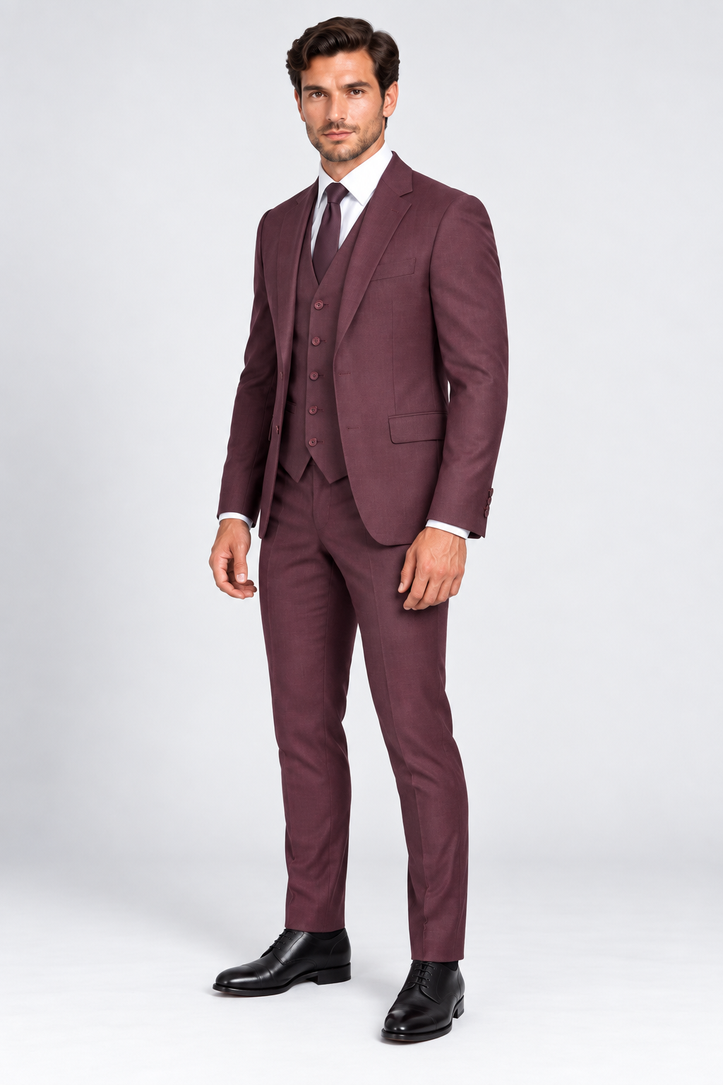 Portofino burgundy three piece suit slim fit men's suit side view left